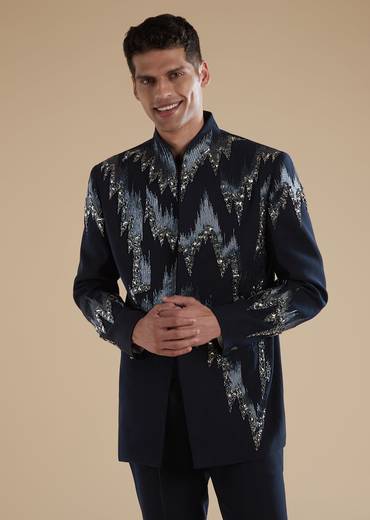 Blue Jodhpuri Set With Cut Dana Metal Detail Work