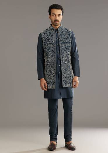 Blue Kurta Set With Thread Embroidered Jacket