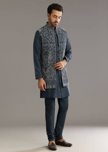 Blue Kurta Set With Thread Embroidered Jacket