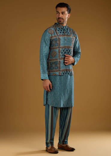 Blue Linen Kurta Jacket Set For Men With Hand Block Ajrakh Print