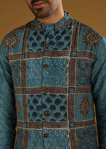 Blue Linen Kurta Jacket Set For Men With Hand Block Ajrakh Print