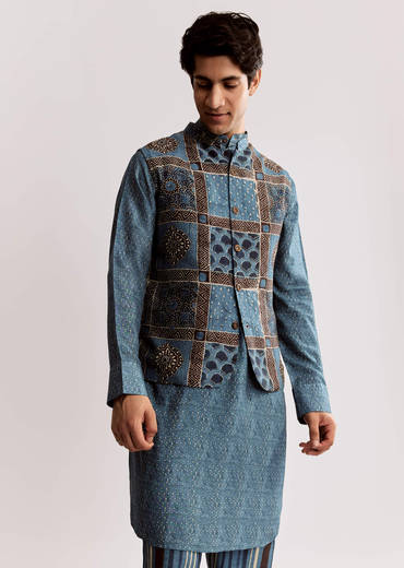 Blue Linen Kurta Jacket Set With Ajrakh Print