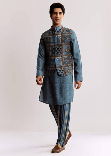 Blue Linen Kurta Jacket Set With Ajrakh Print