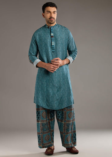 Blue Linen Kurta Set For Men With Hand Block Ajrakh Print