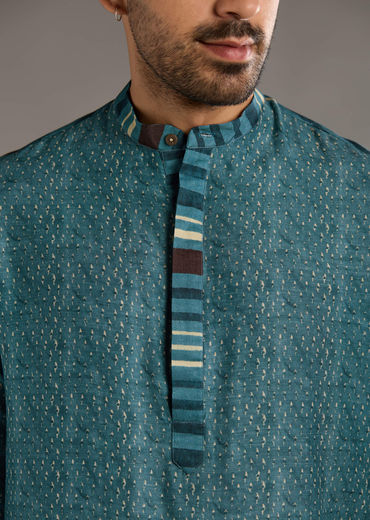 Blue Linen Kurta Set For Men With Hand Block Ajrakh Print