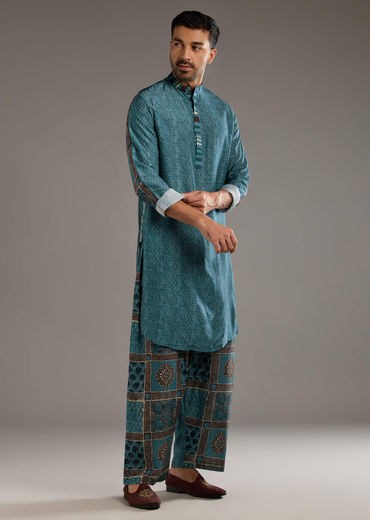 Blue Linen Kurta Set For Men With Hand Block Ajrakh Print