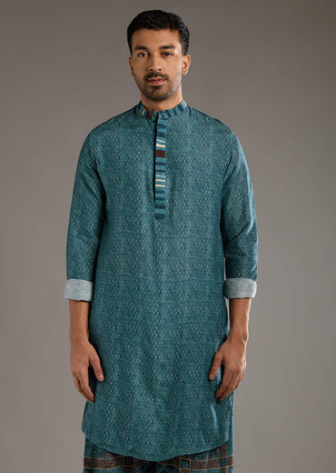Blue Linen Kurta Set For Men With Hand Block Ajrakh Print
