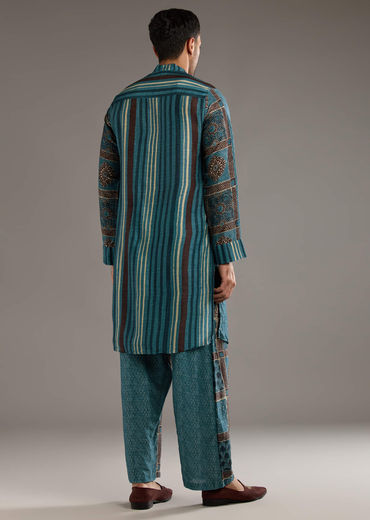 Blue Linen Kurta Set For Men With Hand Block Ajrakh Print