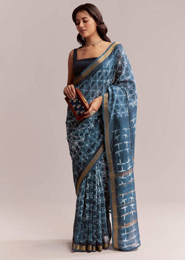 Blue Linen Printed Saree With Hand Dyed Shibori Print