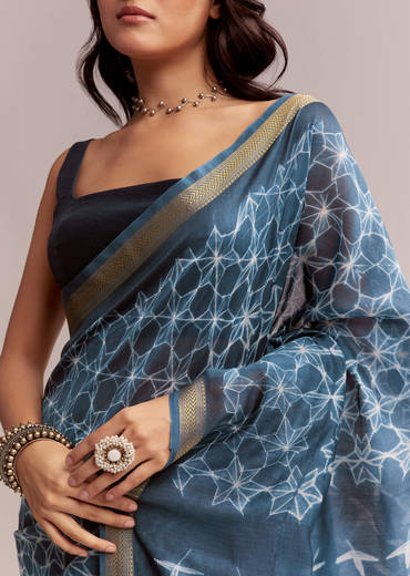 Blue Linen Printed Saree With Hand Dyed Shibori Print