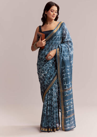 Blue Linen Printed Saree With Hand Dyed Shibori Print