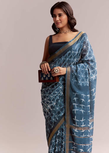 Blue Linen Printed Saree With Hand Dyed Shibori Print