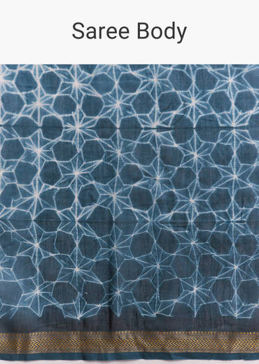 Blue Linen Printed Saree With Hand Dyed Shibori Print