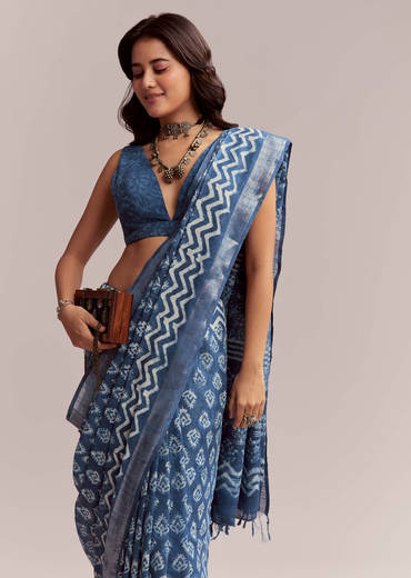 Blue Linen Printed Saree With Traditional Ajrakh Leaf Print