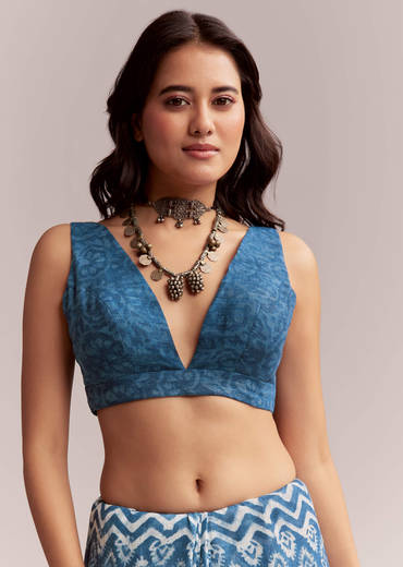 Blue Linen Printed Saree With Traditional Ajrakh Leaf Print