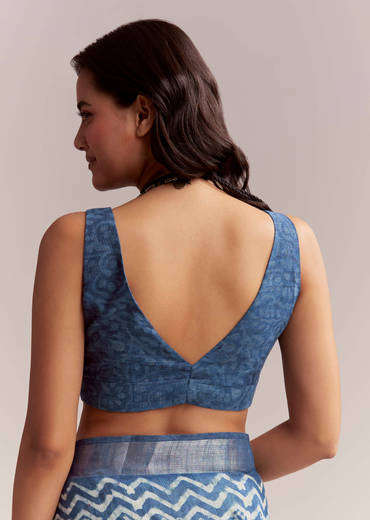 Blue Linen Printed Saree With Traditional Ajrakh Leaf Print