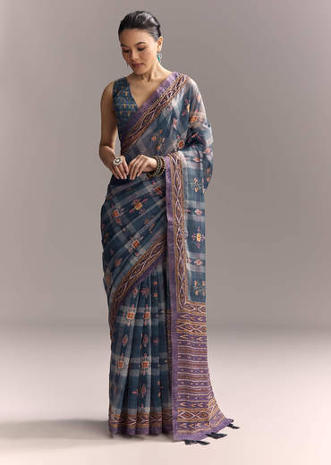 Blue Linen Saree With Hand Block Ajrakh Print And Lavender Border