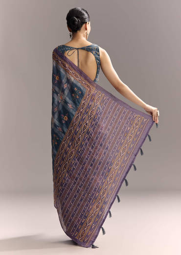 Blue Linen Saree With Hand Block Ajrakh Print And Lavender Border