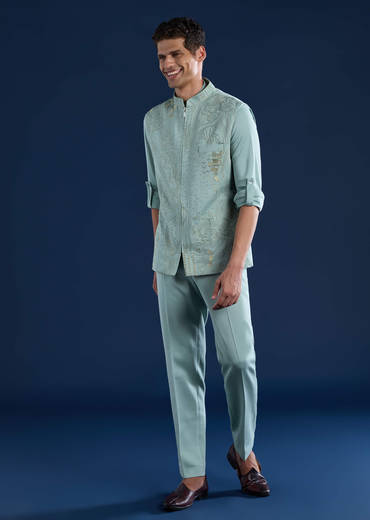 Blue Mens Cutdana Work Jacket Kurta and Pant Set