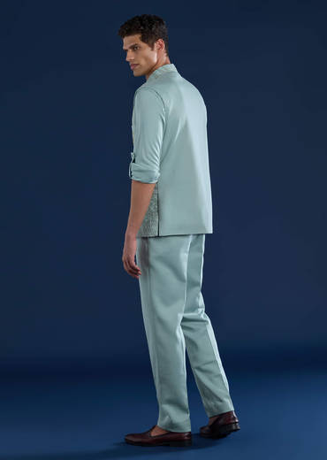 Blue Mens Cutdana Work Jacket Kurta and Pant Set