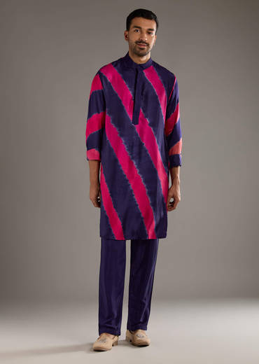 Blue Modal Kurta Set For Men With Hand Dyed Leheriya Print