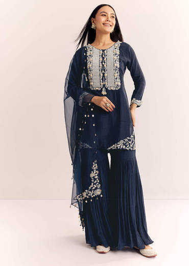 Blue Moti Threadwork Dola Silk Sharara Suit With Organza Dupatta
