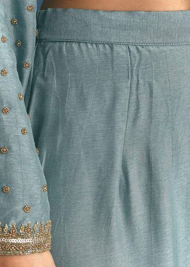 Blue Kurta Dupatta Set With Moti Cutdana Work