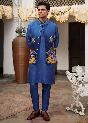 Blue Ombre Silk Jacket Set With Artistic Detailing