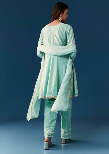 Blue Peplum Pakistani Style Anarkali Suit Thread Work With Dupatta