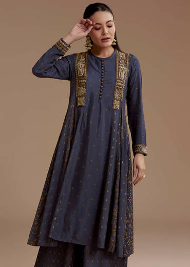 Blue Printed Cotton Kurta Palazzo Set with Thread Work
