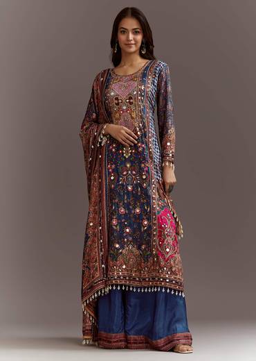 Blue Printed Gotta Lace Sequin Kurta Set With Floral Print Dupatta