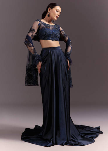 Blue Ready To Wear Saree With Full Sleeve Net Blouse