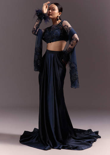 Blue Ready To Wear Saree With Full Sleeve Net Blouse