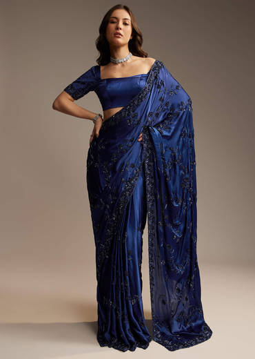 Blue Satin Chinon Saree with Heavy Jaal Embroidery