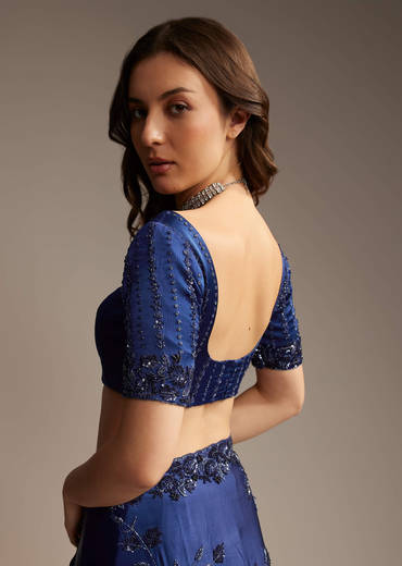 Blue Satin Chinon Saree with Heavy Jaal Embroidery