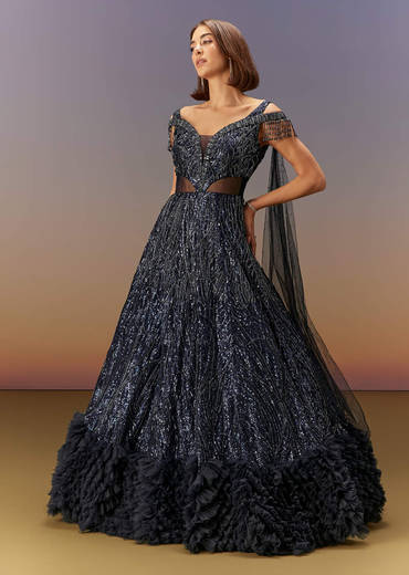 Blue Sequin Embroidered Gown With Tassel Detailing