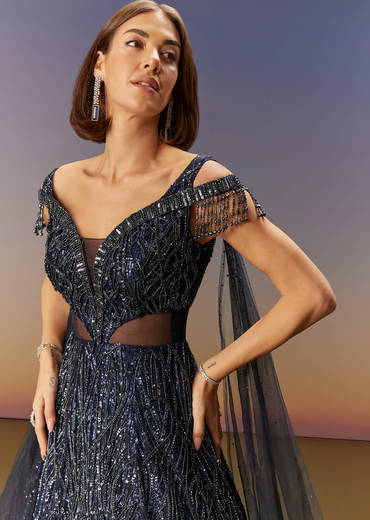 Blue Sequin Embroidered Gown With Tassel Detailing