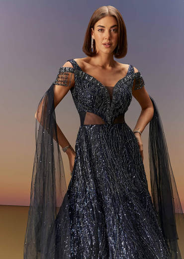 Blue Sequin Embroidered Gown With Tassel Detailing
