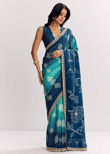 Blue Shaded Muslin Printed Saree With Embellishments