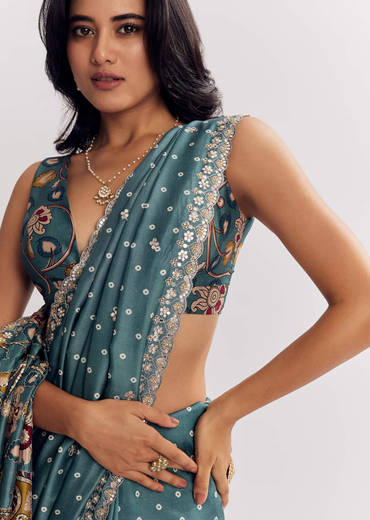 Blue Shaded Muslin Printed Saree With Mirror Gota Zari And Sequins