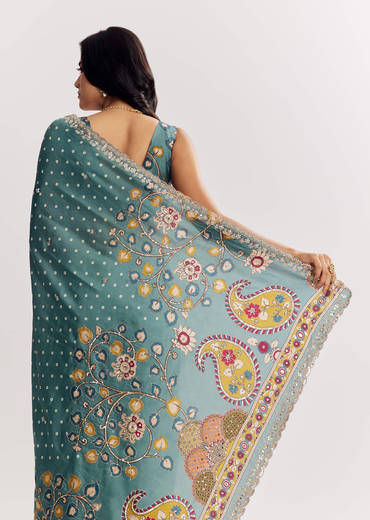 Blue Shaded Muslin Printed Saree With Mirror Gota Zari And Sequins