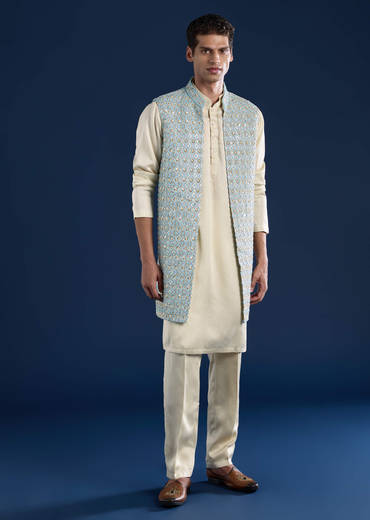 Blue Silk Cutwork Jacket Kurta Set
