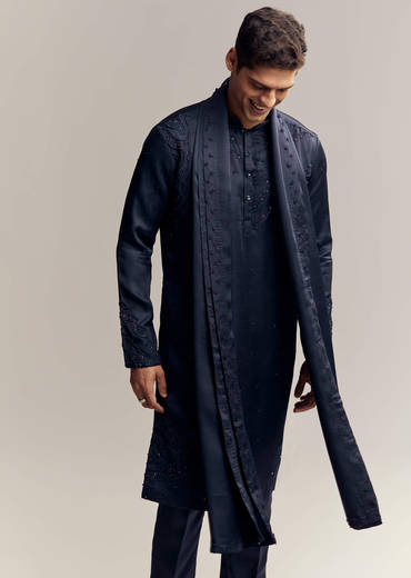 Blue Silk Hand Embroidered Kurta Set For Men
