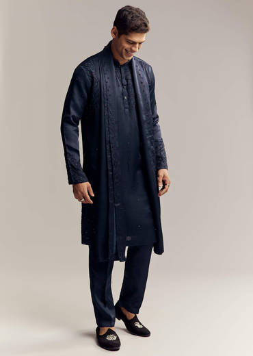Blue Silk Hand Embroidered Kurta Set For Men