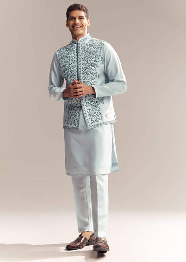 Blue Silk Kurta Jacket Set For Men With Moti Embroidery