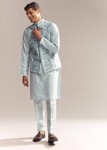 Blue Silk Kurta Jacket Set For Men With Moti Embroidery