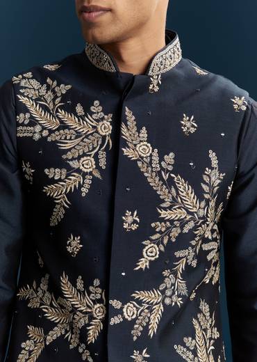Blue Silk Kurta Jacket Set With Thread Mirror And Sequin Bead Work