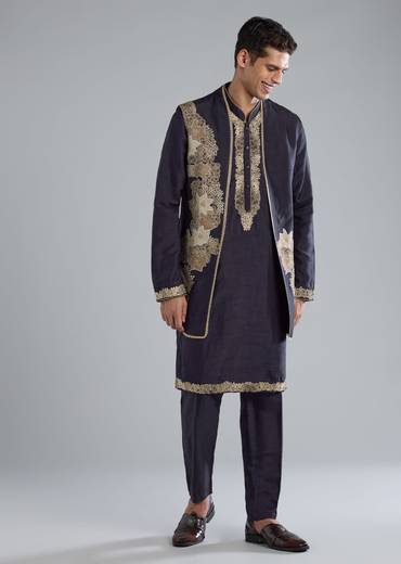 Blue Silk Kurta Jacket Set with Zardosi and Resham Thread Work