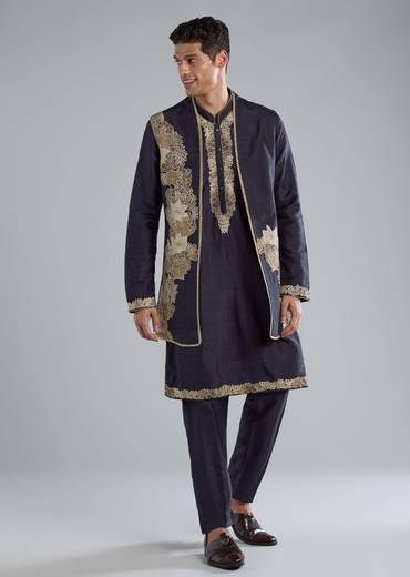 Blue Silk Kurta Jacket Set with Zardosi and Resham Thread Work