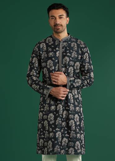 Blue Silk Kurta Set For Men With Animal Motif Thread Work